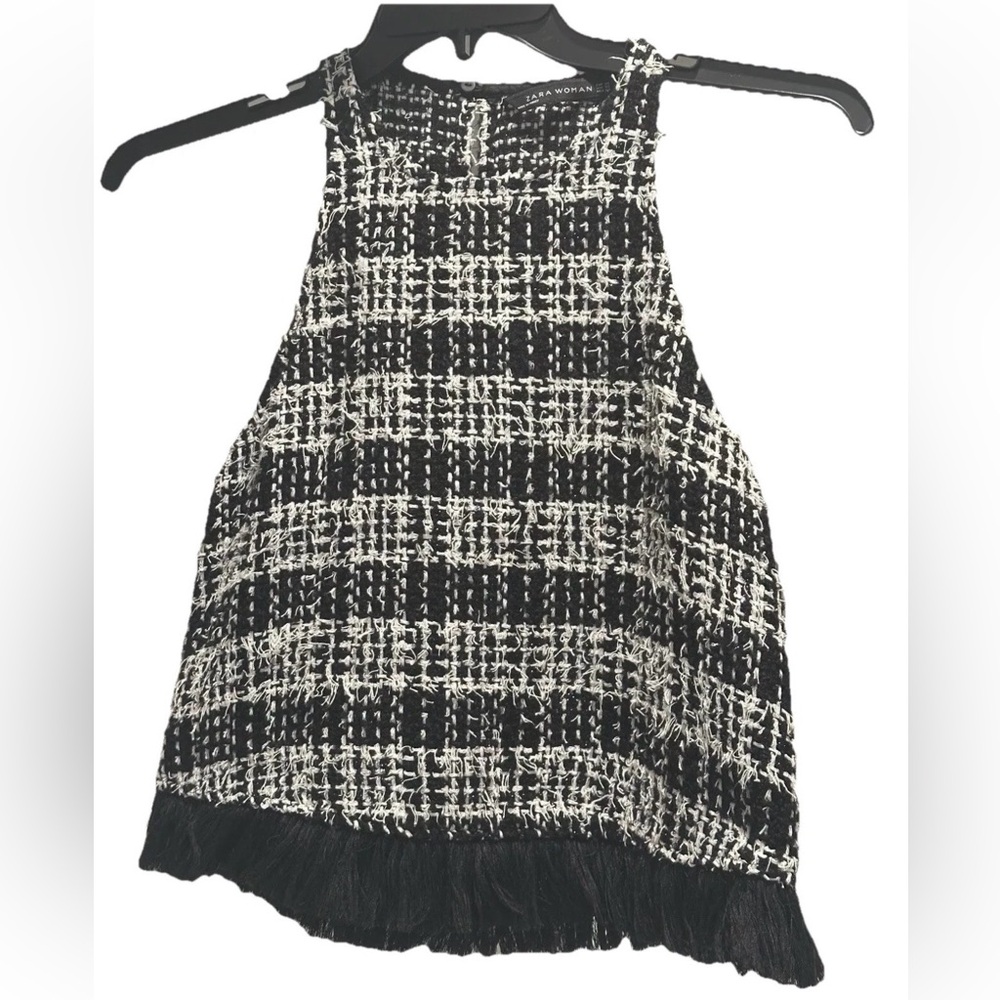 ZARA Woman Black and White Tweed Boucle Racerback Fringe Top US Size XS